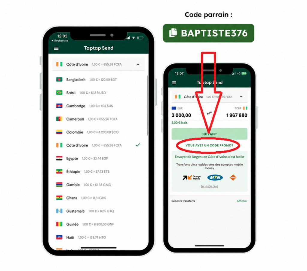 Code parrainage Taptap Send 2026 : BAPTISTE376