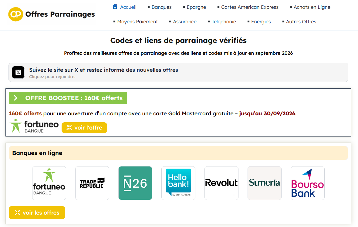 Aperçu du site : plus d'une trentaine d'offres de parrainage